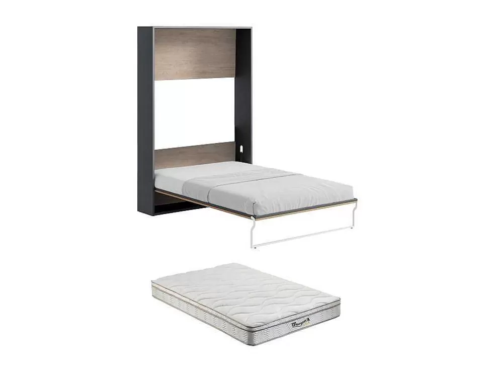 Vente-unique Cama Articulada Rebatível 140 X 200 Cm Abertura Vertical Manual, Cor Natural E Antracite + Colchão - Malina Ii* Cama Rebatível