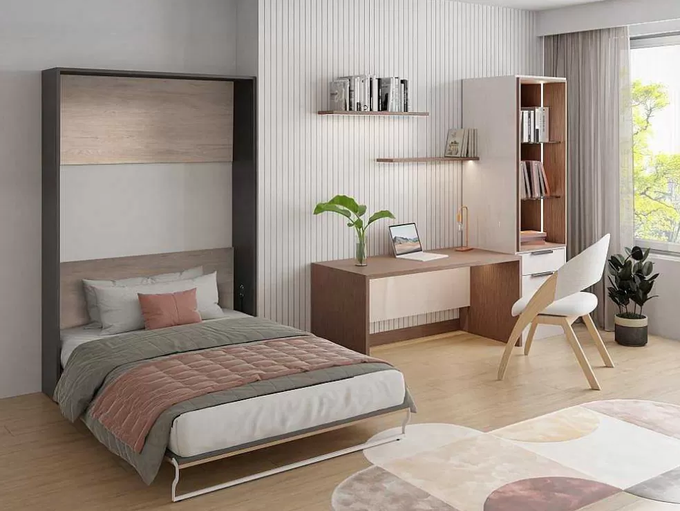 Vente-unique Cama Articulada Rebatível 140 X 200 Cm Abertura Vertical Manual, Cor Natural E Antracite + Colchão - Malina Ii* Cama Rebatível