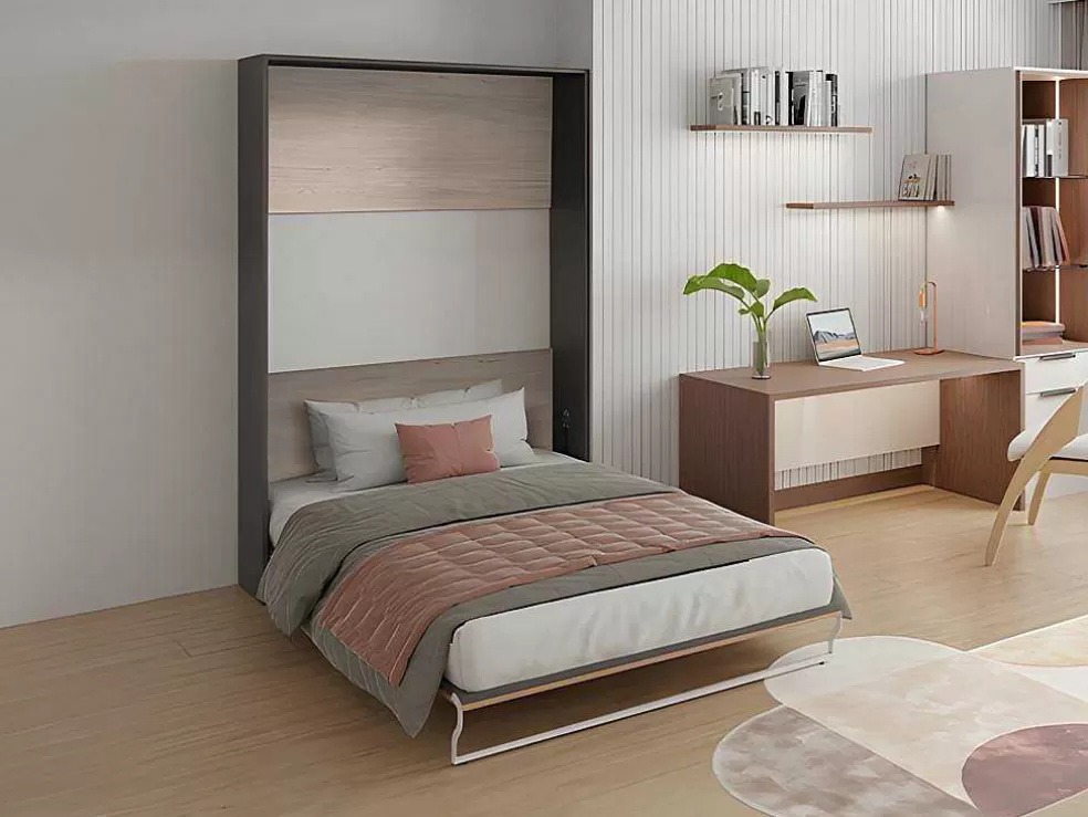 Vente-unique Cama Articulada Rebatível 140 X 200 Cm Abertura Vertical Manual, Cor Natural E Antracite + Colchão - Malina Ii* Cama Rebatível