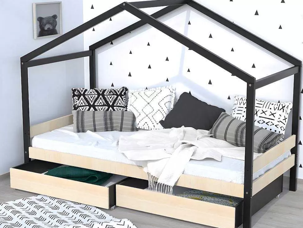 Vente-unique Cama Cabana Com 2 Gavetas De 90 X 190 Cm Em Epicea Macica Cor Natural E Preto - Elfia* Cama De Criança