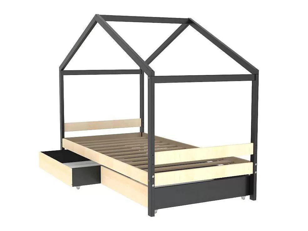 Vente-unique Cama Cabana Com 2 Gavetas De 90 X 190 Cm Em Epicea Macica Cor Natural E Preto - Elfia* Cama De Criança