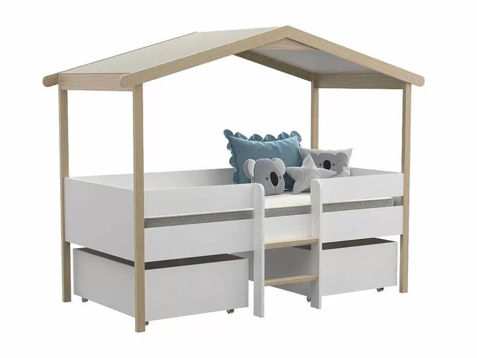 Vente-unique Cama Cabana Com Gavetoes De 90 X 190 Cm Em Tilia Cor Branco E Cor Carvalho - Sarosi* Cama De Criança