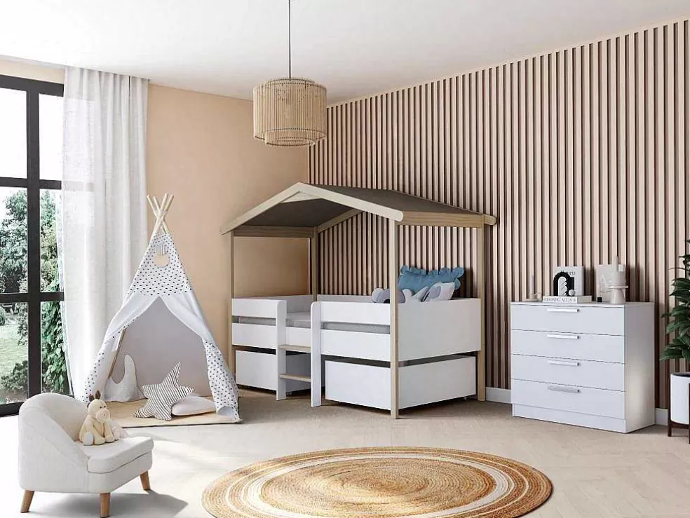 Vente-unique Cama Cabana Com Gavetoes De 90 X 190 Cm Em Tilia Cor Branco E Cor Carvalho - Sarosi* Cama De Criança