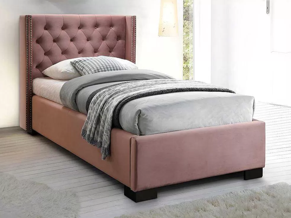 Vente-unique Cama Cabeceira Acolchoada De 90X200 Cm Em Veludo Cor-De-Rosa - Massimo* Cama Em Veludo