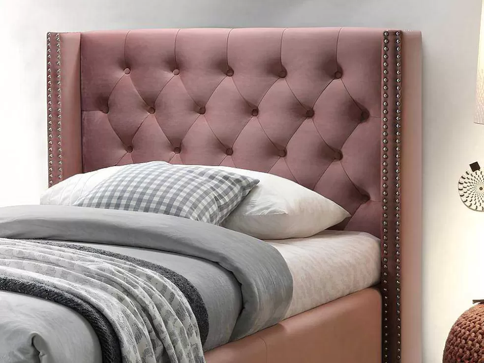 Vente-unique Cama Cabeceira Acolchoada De 90X200 Cm Em Veludo Cor-De-Rosa - Massimo* Cama Em Veludo