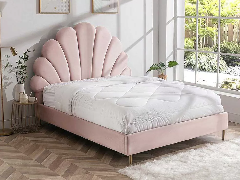 Vente-unique Cama Cabeceira Concha 160 X 200 Cm Veludo Cor-De-Rosa - Livaya* Cama Em Veludo