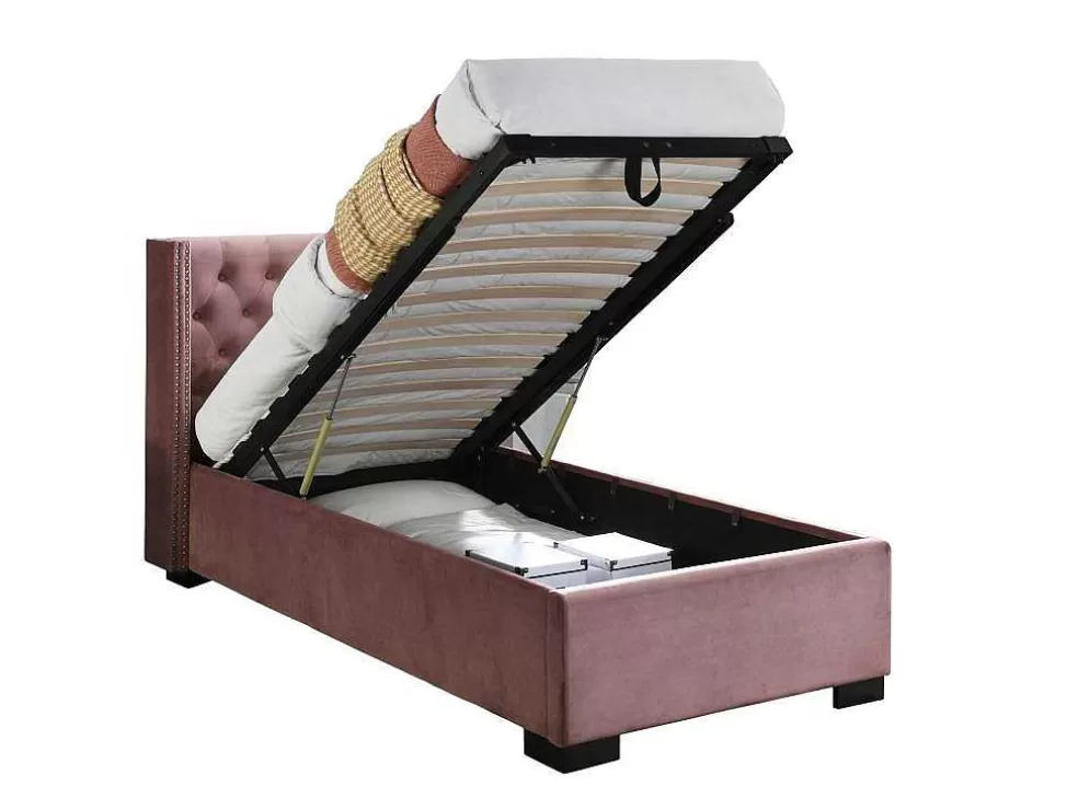 Vente-unique Cama Com Arrumação 90 X 200 Cm E Cabeceira Estofada, Veludo Cor-De-Rosa - Massimo* Cama Com Arrumação