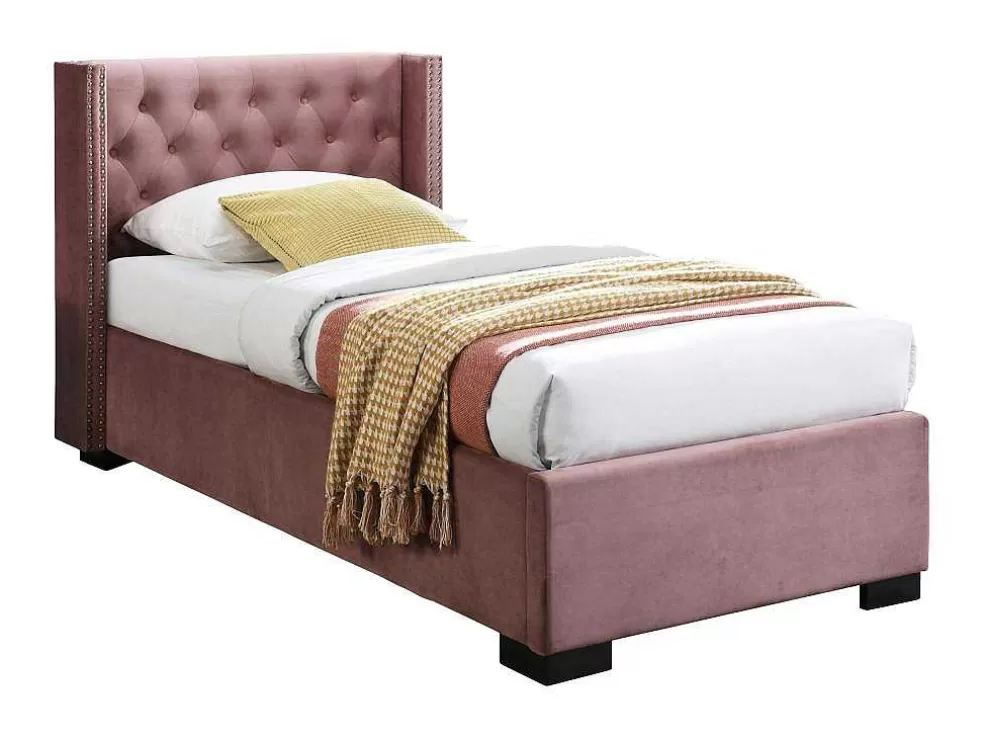 Vente-unique Cama Com Arrumação 90 X 200 Cm E Cabeceira Estofada, Veludo Cor-De-Rosa - Massimo* Cama Com Arrumação
