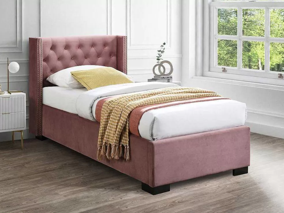 Vente-unique Cama Com Arrumação 90 X 200 Cm E Cabeceira Estofada, Veludo Cor-De-Rosa - Massimo* Cama Com Arrumação