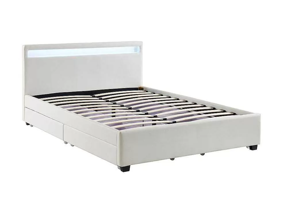Vente-unique Cama Com Arrumação De 140X190Cm Em Pele Sintética Branca Com Leds - Alois* Cama Com Arrumação