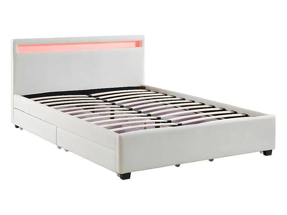 Vente-unique Cama Com Arrumação De 140X190Cm Em Pele Sintética Branca Com Leds - Alois* Cama Com Arrumação