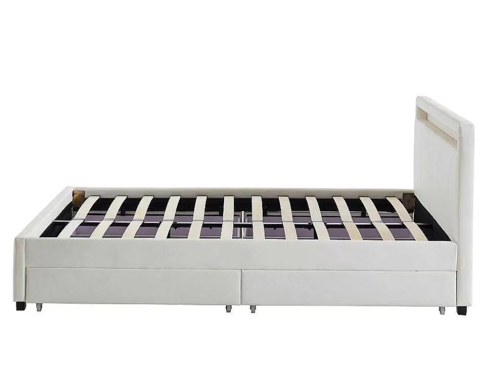 Vente-unique Cama Com Arrumação De 140X190Cm Em Pele Sintética Branca Com Leds - Alois* Cama Com Arrumação