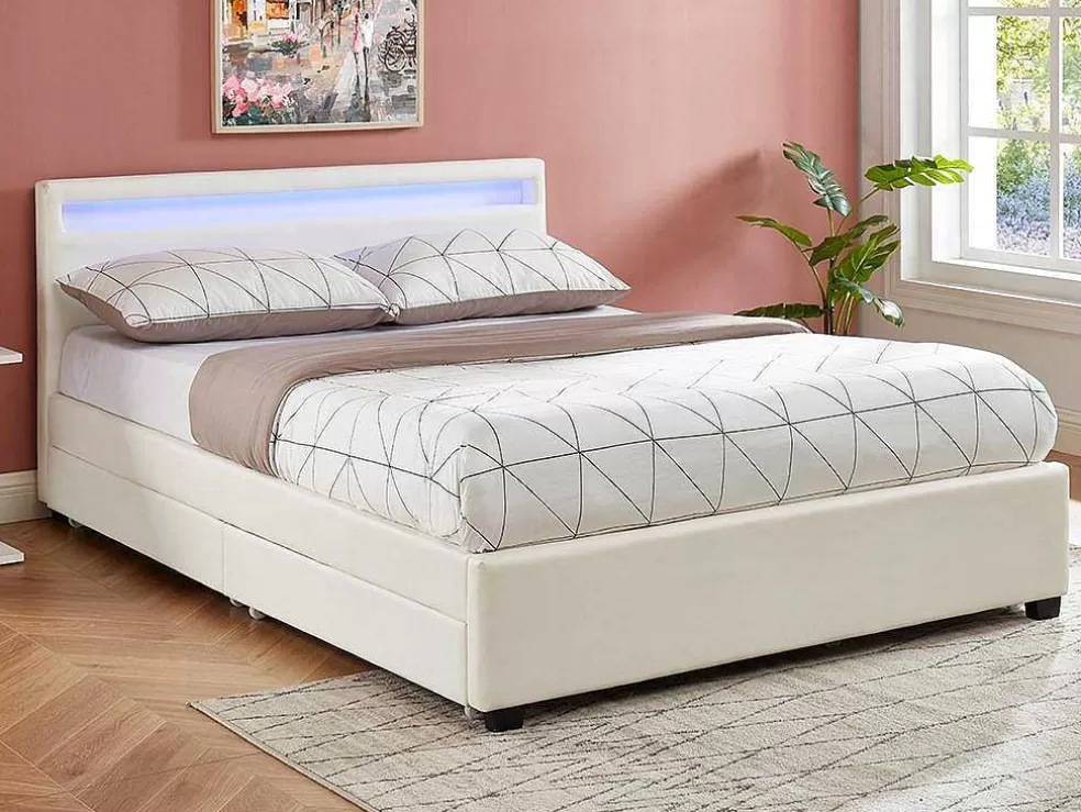 Vente-unique Cama Com Arrumação De 140X190Cm Em Pele Sintética Branca Com Leds - Alois* Cama Com Arrumação