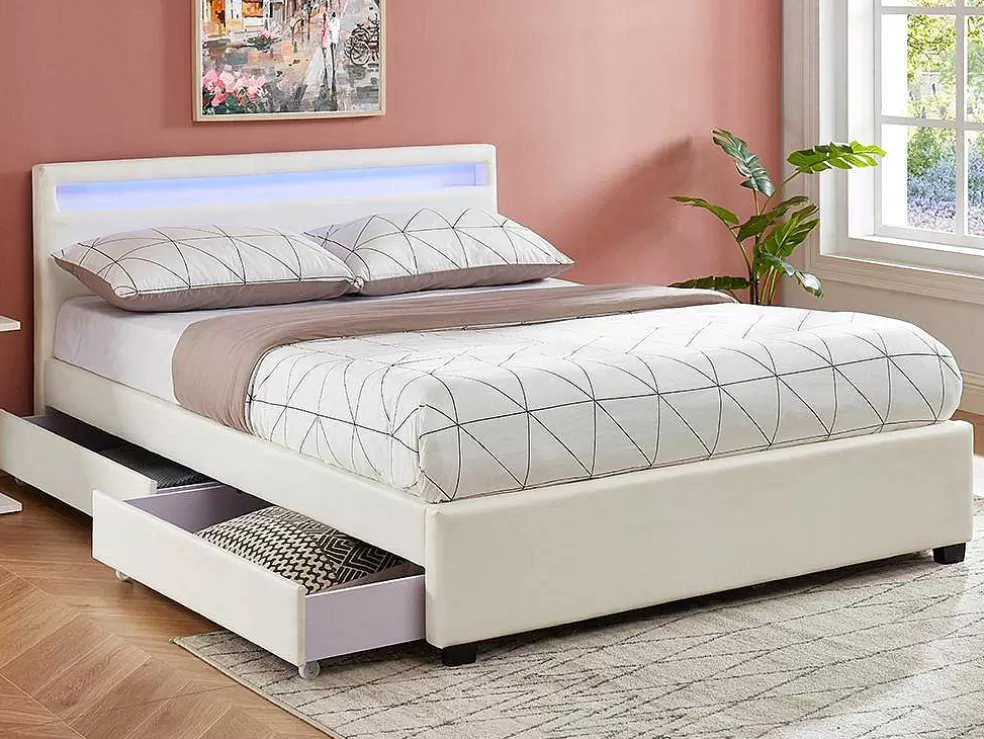 Vente-unique Cama Com Arrumação De 140X190Cm Em Pele Sintética Branca Com Leds - Alois* Cama Com Arrumação