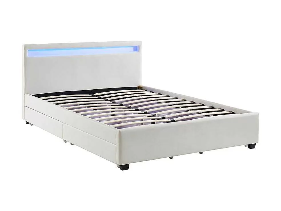 Vente-unique Cama Com Arrumação De 140X190Cm Em Pele Sintética Branca Com Leds - Alois* Cama Com Arrumação