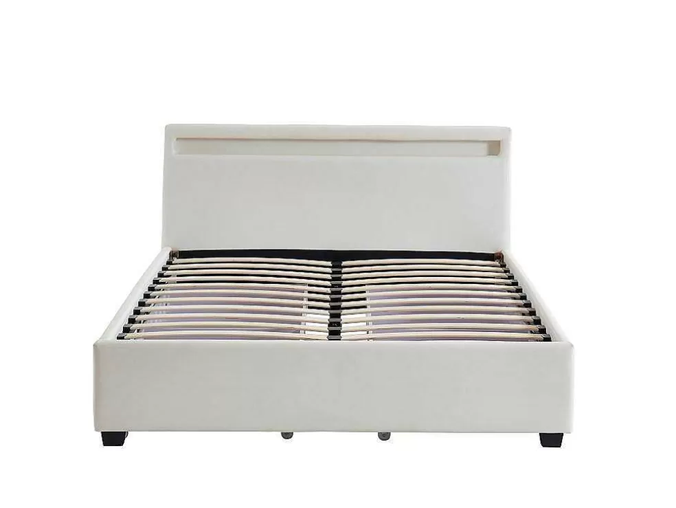 Vente-unique Cama Com Arrumação De 140X190Cm Em Pele Sintética Branca Com Leds - Alois* Cama Com Arrumação