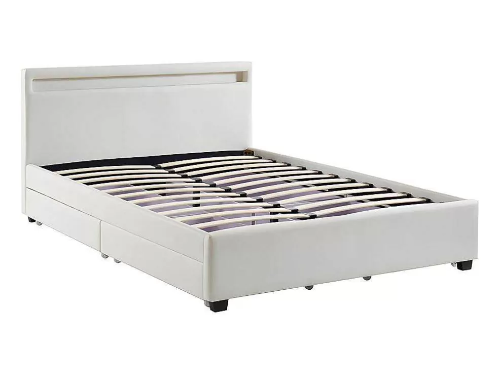 Vente-unique Cama Com Arrumação De 140X190Cm Em Pele Sintética Branca Com Leds - Alois* Cama Com Arrumação