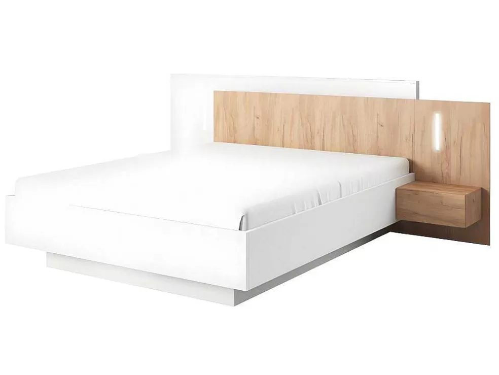 Vente-unique Cama Com Arrumação E Mesas De Cabeceira 160 X 200 Cm, 2 Gavetas, Com Leds, Branco E Natural + Colchão - Francoli* Cama De Adulto