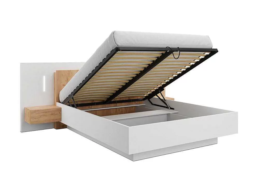Vente-unique Cama Com Arrumação E Mesas De Cabeceira 160 X 200 Cm, 2 Gavetas, Com Leds, Branco E Natural + Colchão - Francoli* Cama De Adulto