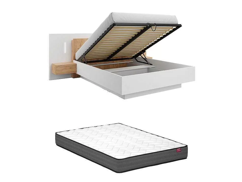 Vente-unique Cama Com Arrumação E Mesas De Cabeceira 160 X 200 Cm, 2 Gavetas, Com Leds, Branco E Natural + Colchão - Francoli* Cama De Adulto