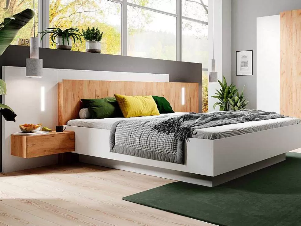 Vente-unique Cama Com Arrumação E Mesas De Cabeceira 160 X 200 Cm, 2 Gavetas, Com Leds, Branco E Natural - Francoli* Cama De Adulto