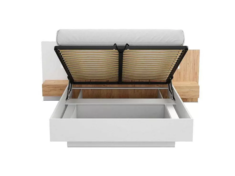 Vente-unique Cama Com Arrumação E Mesas De Cabeceira 160 X 200 Cm, 2 Gavetas, Com Leds, Branco E Natural - Francoli* Cama De Adulto