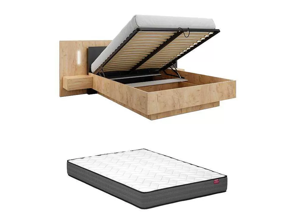 Vente-unique Cama Com Arrumação E Mesas De Cabeceira 160 X 200 Cm, 2 Gavetas, Com Leds, Natural E Antracite + Colchão - Francoli* Cama De Adulto