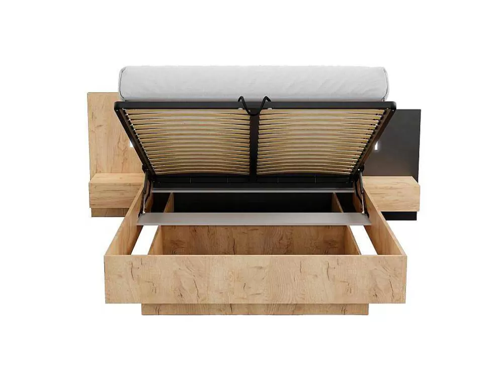Vente-unique Cama Com Arrumação E Mesas De Cabeceira 160 X 200 Cm, 2 Gavetas, Com Leds, Natural E Antracite - Francoli* Cama De Adulto