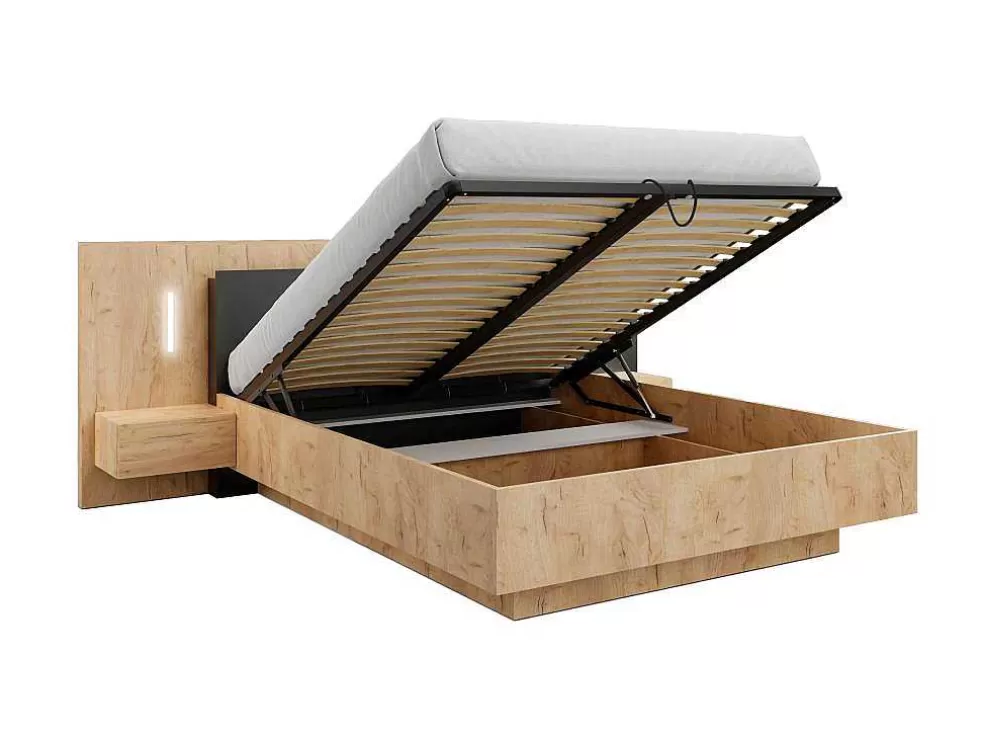 Vente-unique Cama Com Arrumação E Mesas De Cabeceira 160 X 200 Cm, 2 Gavetas, Com Leds, Natural E Antracite - Francoli* Cama De Adulto