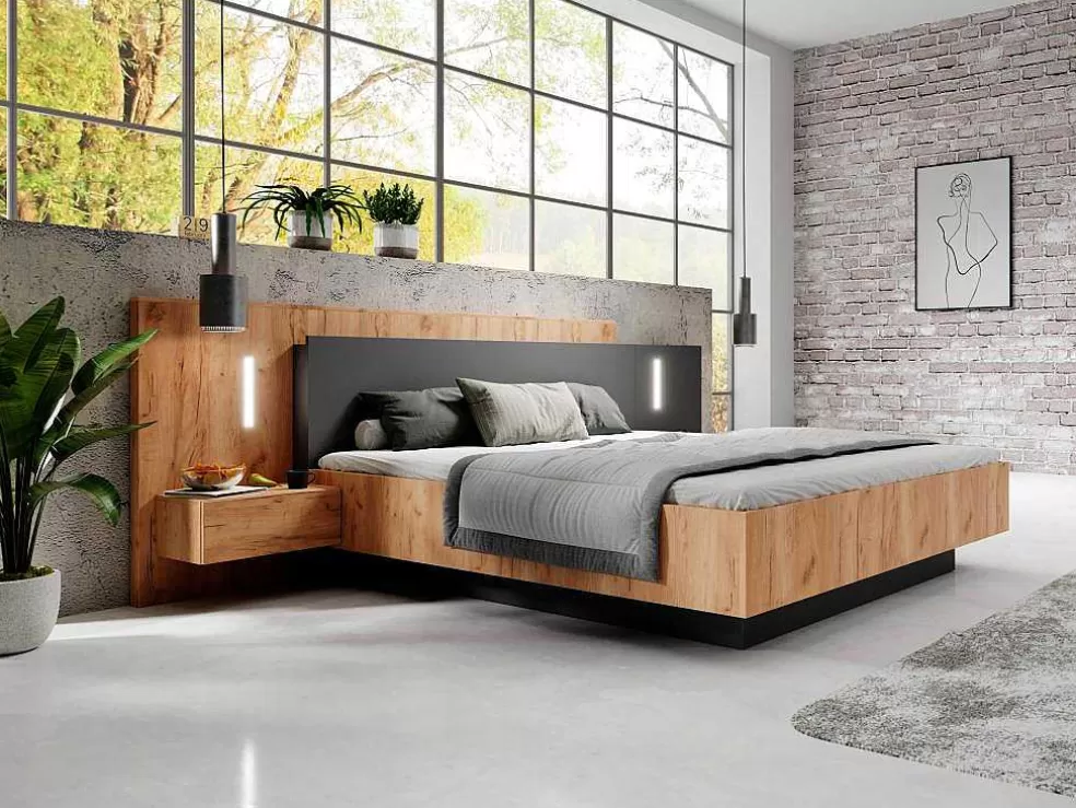 Vente-unique Cama Com Arrumação E Mesas De Cabeceira 160 X 200 Cm, 2 Gavetas, Com Leds, Natural E Antracite - Francoli* Cama De Adulto