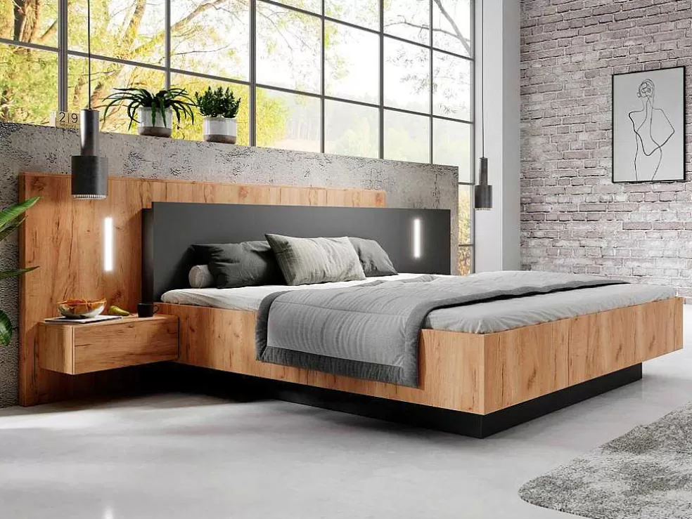 Vente-unique Cama Com Arrumação E Mesas De Cabeceira 160 X 200 Cm, 2 Gavetas, Com Leds, Natural E Antracite - Francoli* Cama De Adulto