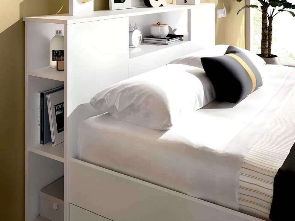 Vente-unique Cama Com Cabeceira De Arrumação E Gavetas Disponivel Em Branco - 140X190Cm - Leandre* Cama De Adulto