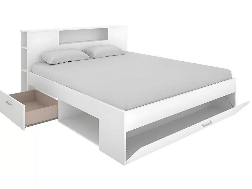 Vente-unique Cama Com Cabeceira De Arrumação E Gavetas Disponivel Em Branco - 140X190Cm - Leandre* Cama De Adulto