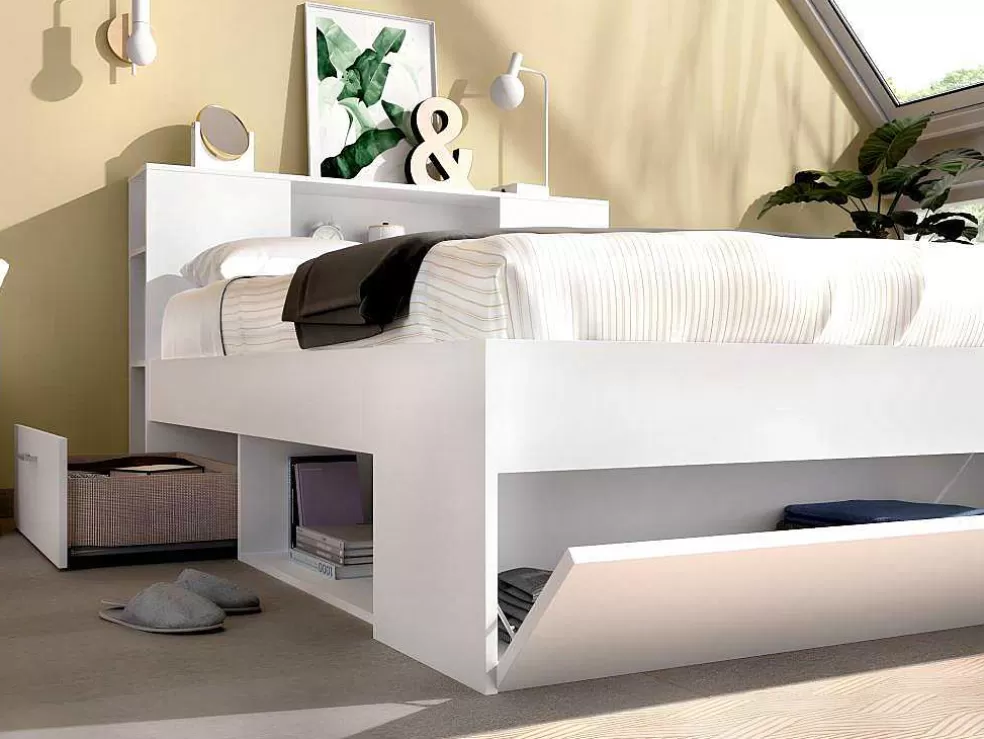 Vente-unique Cama Com Cabeceira De Arrumação E Gavetas Disponivel Em Branco - 140X190Cm - Leandre* Cama De Adulto