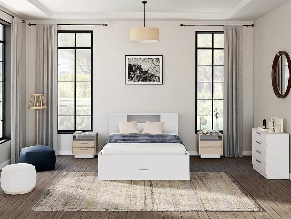 Vente-unique Cama Com Cabeceira De Arrumação E Gavetas Disponivel Em Branco - 140X190Cm - Leandre* Cama De Adulto
