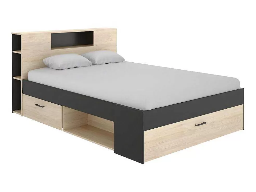 Vente-unique Cama Com Cabeceira De Arrumação E Gavetas Disponivel Em Natural E Antracite - 140X190Cm - Leandre* Cama De Adulto
