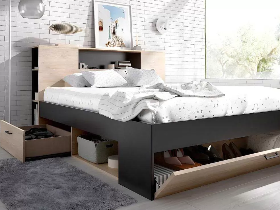 Vente-unique Cama Com Cabeceira De Arrumação E Gavetas Disponivel Em Natural E Antracite - 160X200Cm - Leandre* Cama Com Arrumação