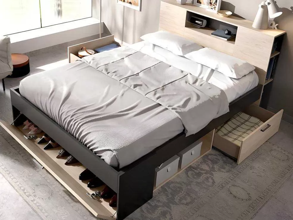 Vente-unique Cama Com Cabeceira De Arrumação E Gavetas Disponivel Em Natural E Antracite - 140X190Cm - Leandre* Cama De Adulto