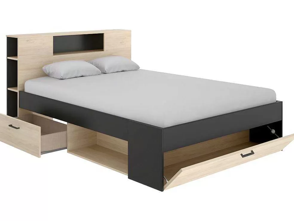Vente-unique Cama Com Cabeceira De Arrumação E Gavetas Disponivel Em Natural E Antracite - 160X200Cm - Leandre* Cama Com Arrumação