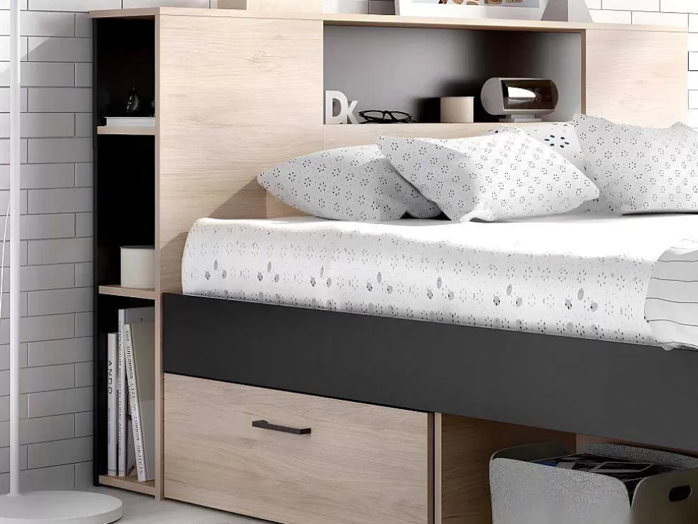 Vente-unique Cama Com Cabeceira De Arrumação E Gavetas Disponivel Em Natural E Antracite - 160X200Cm - Leandre* Cama Com Arrumação