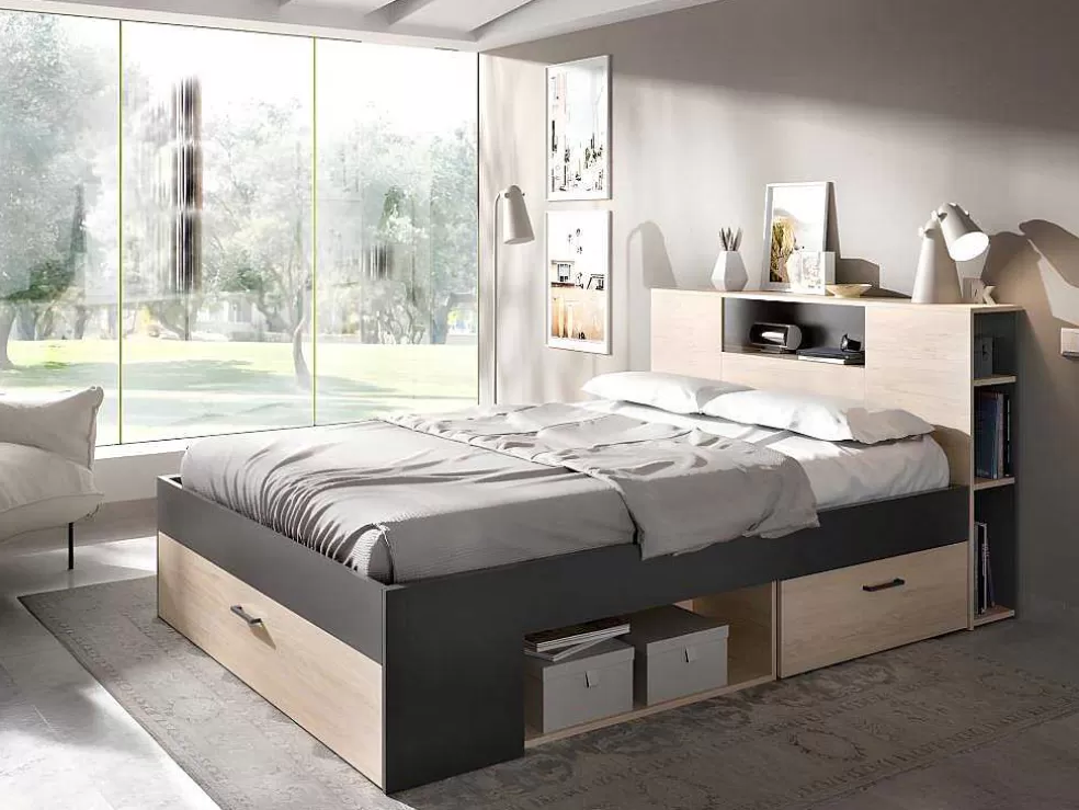Vente-unique Cama Com Cabeceira De Arrumação E Gavetas Disponivel Em Natural E Antracite - 140X190Cm - Leandre* Cama De Adulto