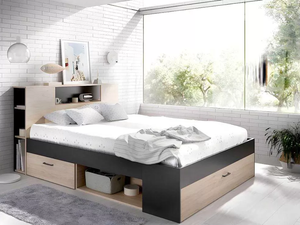 Vente-unique Cama Com Cabeceira De Arrumação E Gavetas Disponivel Em Natural E Antracite - 140X190Cm - Leandre* Cama De Adulto
