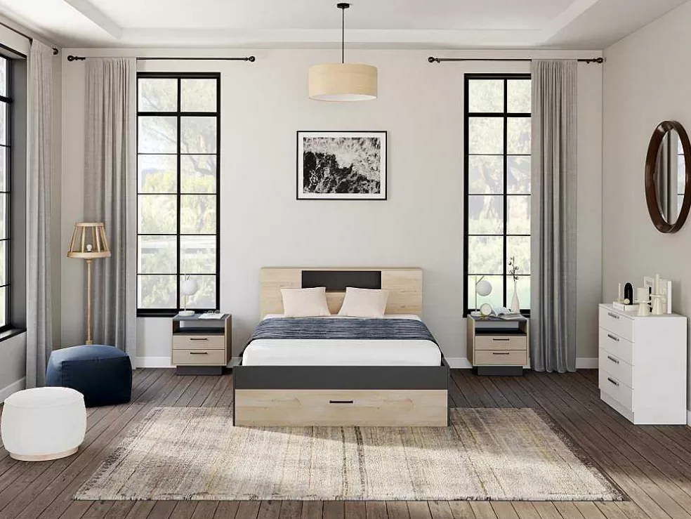 Vente-unique Cama Com Cabeceira De Arrumação E Gavetas Disponivel Em Natural E Antracite - 160X200Cm - Leandre* Cama Com Arrumação