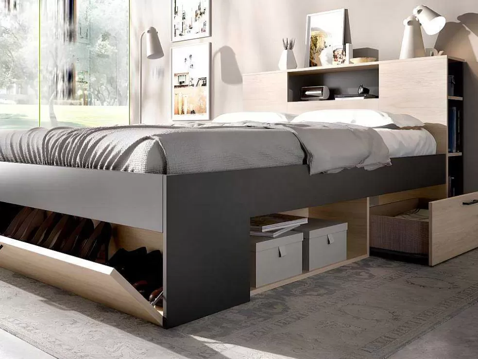 Vente-unique Cama Com Cabeceira De Arrumação E Gavetas Disponivel Em Natural E Antracite - 140X190Cm - Leandre* Cama De Adulto