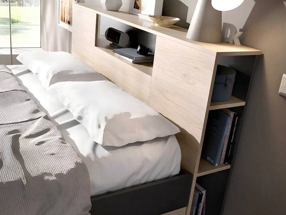Vente-unique Cama Com Cabeceira De Arrumação E Gavetas Disponivel Em Natural E Antracite - 140X190Cm - Leandre* Cama De Adulto