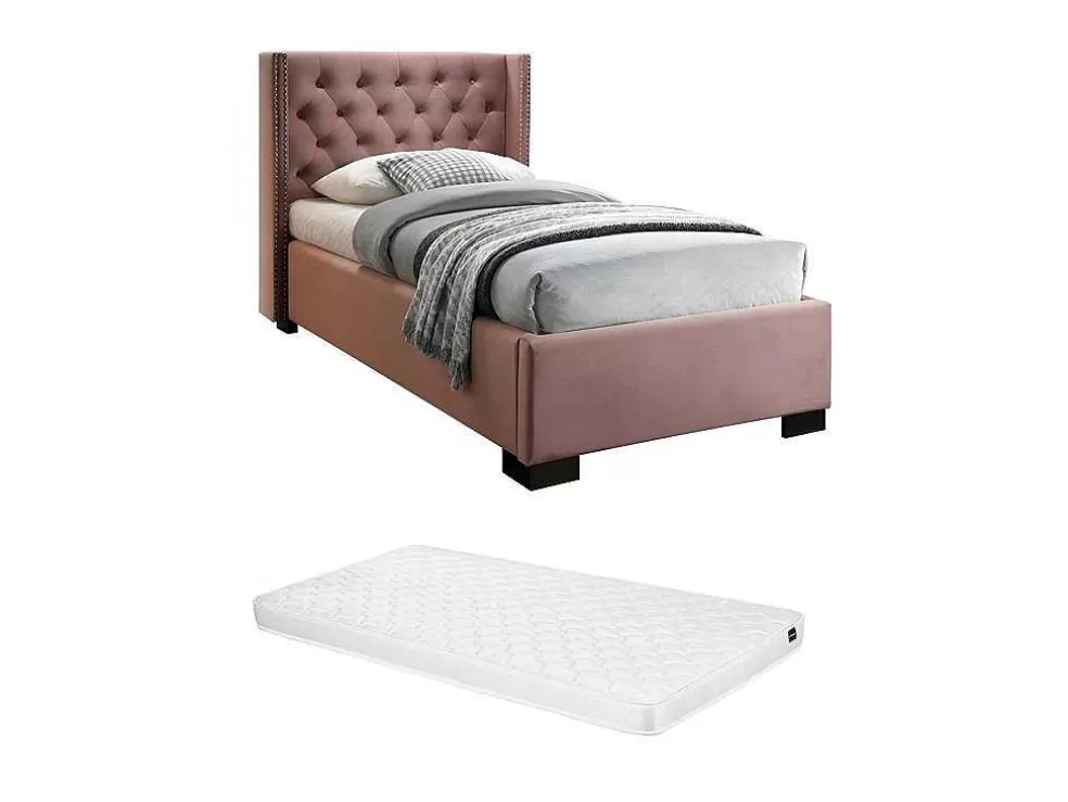 Vente-unique Cama Com Cabeceira De Cama Acolchoada 90 X 200 Cm Veludo Cor-De-Rosa + Colchão - Massimo Ii* Cama Em Veludo