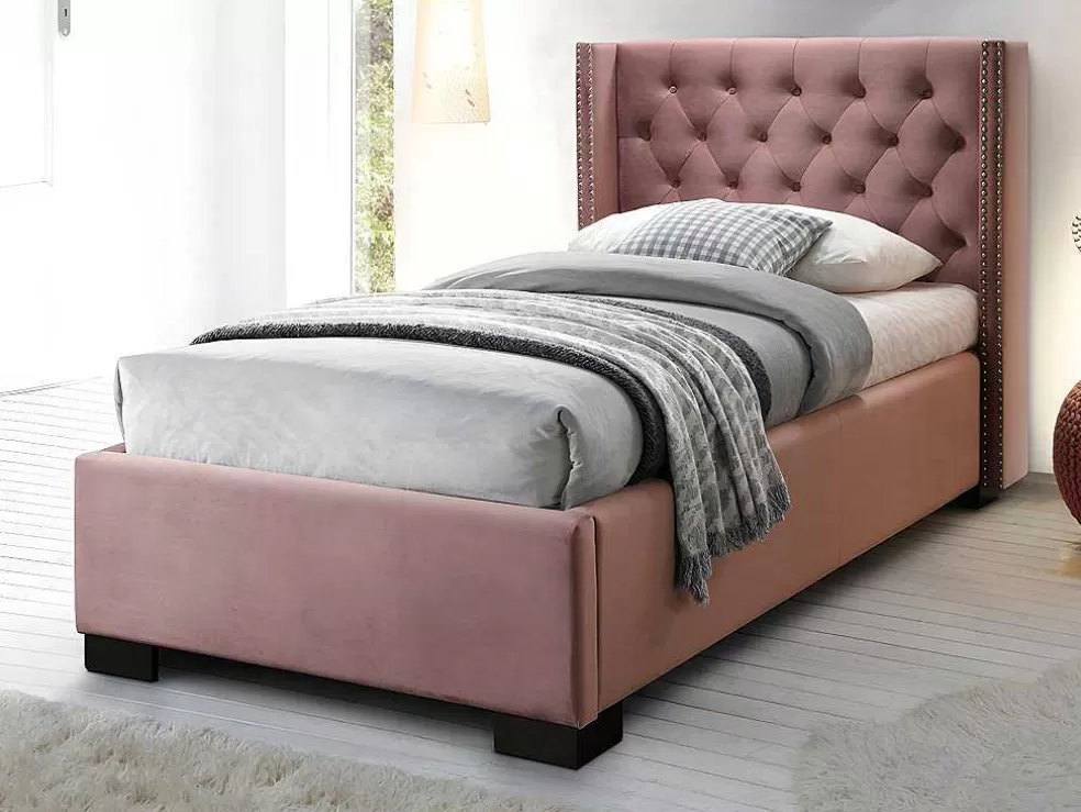 Vente-unique Cama Com Cabeceira De Cama Acolchoada 90 X 200 Cm Veludo Cor-De-Rosa + Colchão - Massimo Ii* Cama Em Veludo