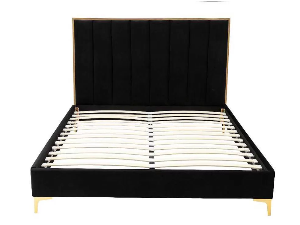 Vente-unique Cama Com Cabeceira De Cama Com Costuras Verticais De 160 X 200 Cm Em Veludo Cor Preto E Dourado - Clarisse* Cama Em Veludo