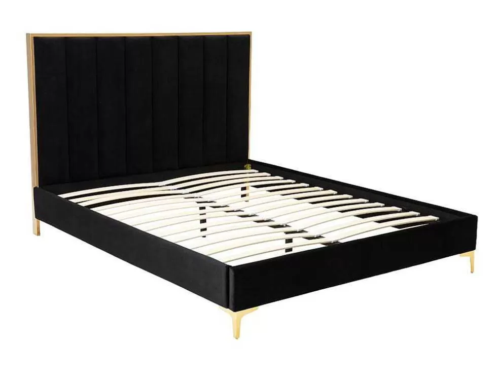 Vente-unique Cama Com Cabeceira De Cama Com Costuras Verticais De 160 X 200 Cm Em Veludo Cor Preto E Dourado - Clarisse* Cama Em Veludo