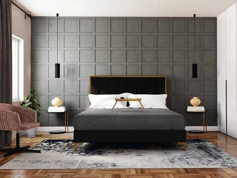 Vente-unique Cama Com Cabeceira De Cama Com Costuras Verticais De 160 X 200 Cm Em Veludo Cor Preto E Dourado - Clarisse* Cama Em Veludo